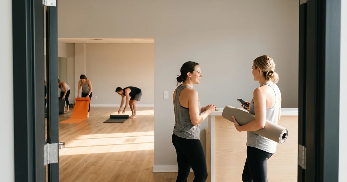 Instructor and client with a yoga mat talking at the front desk of a fitness studio after class